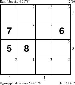 The grouppuzzles.com Easy Sudoku-4-5678 puzzle for Wednesday May 6, 2026, suitable for printing, with all 3 steps marked