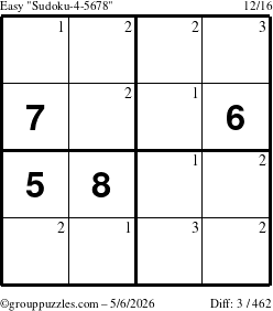 The grouppuzzles.com Easy Sudoku-4-5678 puzzle for Wednesday May 6, 2026 with the first 3 steps marked