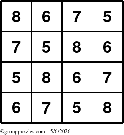 The grouppuzzles.com Answer grid for the Sudoku-4-5678 puzzle for Wednesday May 6, 2026