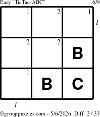 The grouppuzzles.com Easy TicTac-ABC puzzle for Wednesday May 6, 2026, suitable for printing, with all 2 steps marked
