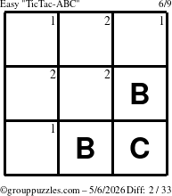 The grouppuzzles.com Easy TicTac-ABC puzzle for Wednesday May 6, 2026 with the first 2 steps marked