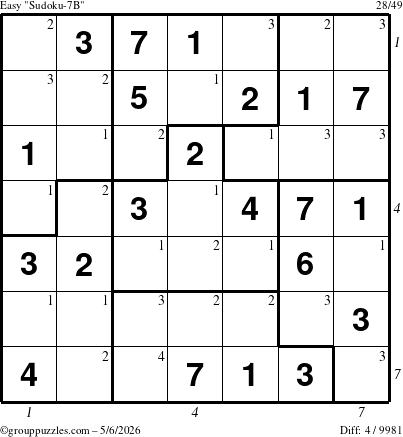 The grouppuzzles.com Easy Sudoku-7B puzzle for Wednesday May 6, 2026, suitable for printing, with all 4 steps marked