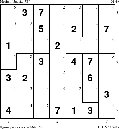 The grouppuzzles.com Medium Sudoku-7B puzzle for Wednesday May 6, 2026 with all 5 steps marked