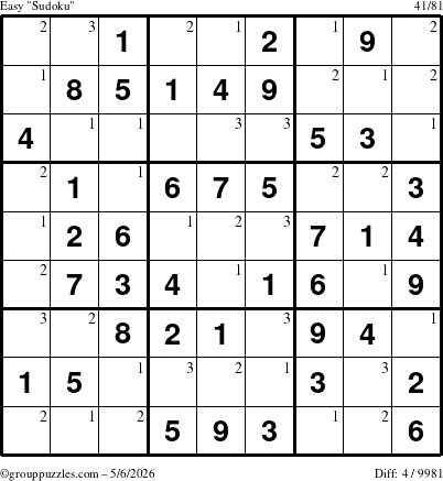 The grouppuzzles.com Easy Sudoku puzzle for Wednesday May 6, 2026 with the first 3 steps marked