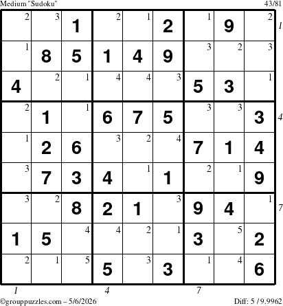 The grouppuzzles.com Medium Sudoku puzzle for Wednesday May 6, 2026, suitable for printing, with all 5 steps marked