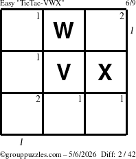 The grouppuzzles.com Easy TicTac-VWX puzzle for Wednesday May 6, 2026 with all 2 steps marked