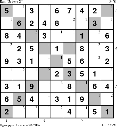 The grouppuzzles.com Easy Sudoku-X puzzle for Wednesday May 6, 2026, suitable for printing, with all 3 steps marked