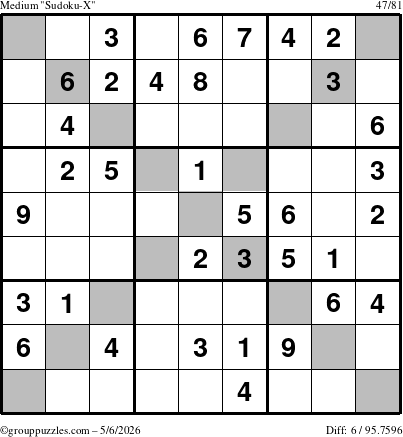 The grouppuzzles.com Medium Sudoku-X puzzle for Wednesday May 6, 2026