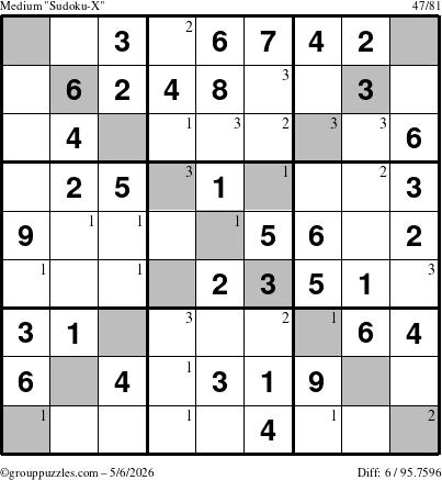 The grouppuzzles.com Medium Sudoku-X puzzle for Wednesday May 6, 2026 with the first 3 steps marked