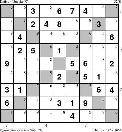 The grouppuzzles.com Difficult Sudoku-X puzzle for Wednesday May 6, 2026 with all 9 steps marked