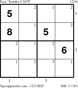 The grouppuzzles.com Easy Sudoku-4-5678 puzzle for Monday December 1, 2025 with all 3 steps marked