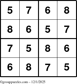 The grouppuzzles.com Answer grid for the Sudoku-4-5678 puzzle for Monday December 1, 2025