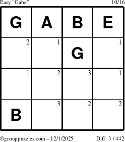 The grouppuzzles.com Easy Gabe puzzle for Monday December 1, 2025 with the first 3 steps marked