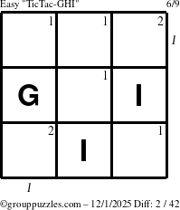 The grouppuzzles.com Easy TicTac-GHI puzzle for Monday December 1, 2025 with all 2 steps marked