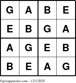 The grouppuzzles.com Answer grid for the Gabe puzzle for Monday December 1, 2025