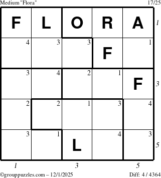 The grouppuzzles.com Medium Flora puzzle for Monday December 1, 2025, suitable for printing, with all 4 steps marked