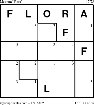 The grouppuzzles.com Medium Flora puzzle for Monday December 1, 2025 with the first 3 steps marked