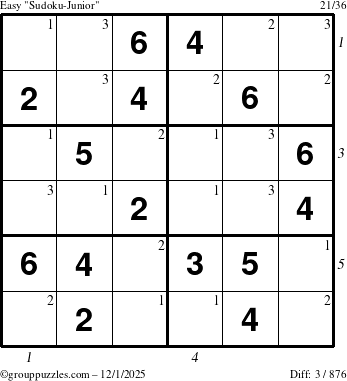 The grouppuzzles.com Easy Sudoku-Junior puzzle for Monday December 1, 2025 with all 3 steps marked