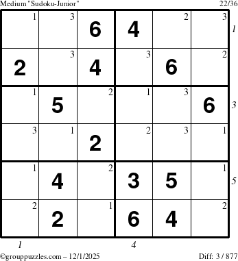 The grouppuzzles.com Medium Sudoku-Junior puzzle for Monday December 1, 2025 with all 3 steps marked
