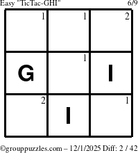 The grouppuzzles.com Easy TicTac-GHI puzzle for Monday December 1, 2025 with the first 2 steps marked