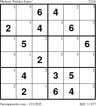 The grouppuzzles.com Medium Sudoku-Junior puzzle for Monday December 1, 2025 with the first 3 steps marked