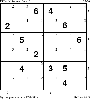 The grouppuzzles.com Difficult Sudoku-Junior puzzle for Monday December 1, 2025 with all 4 steps marked