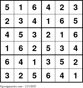 The grouppuzzles.com Answer grid for the Sudoku-Junior puzzle for Monday December 1, 2025