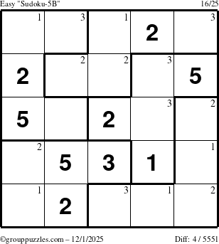 The grouppuzzles.com Easy Sudoku-5B puzzle for Monday December 1, 2025 with the first 3 steps marked