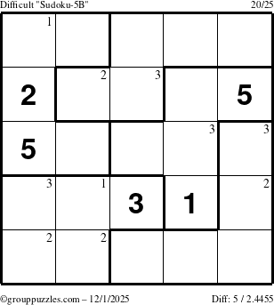 The grouppuzzles.com Difficult Sudoku-5B puzzle for Monday December 1, 2025 with the first 3 steps marked