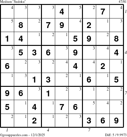 The grouppuzzles.com Medium Sudoku puzzle for Monday December 1, 2025, suitable for printing, with all 5 steps marked