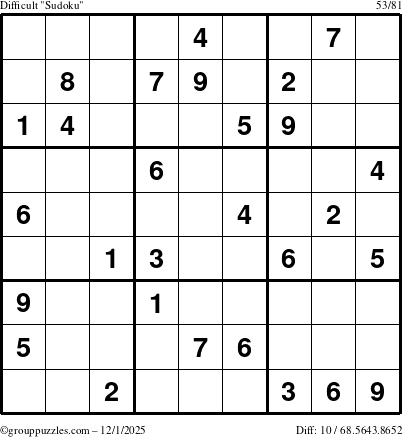 The grouppuzzles.com Difficult Sudoku puzzle for Monday December 1, 2025