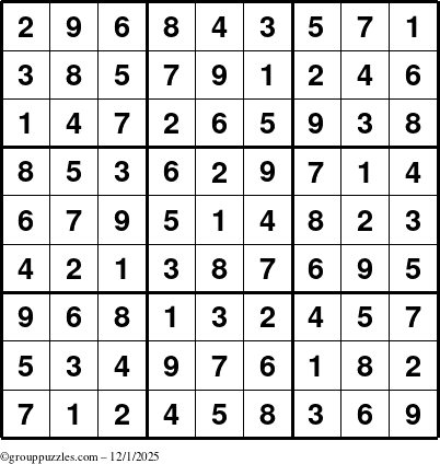 The grouppuzzles.com Answer grid for the Sudoku puzzle for Monday December 1, 2025