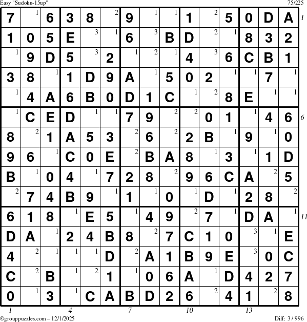 The grouppuzzles.com Easy Sudoku-15up puzzle for Monday December 1, 2025, suitable for printing, with all 3 steps marked