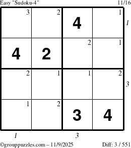 The grouppuzzles.com Easy Sudoku-4 puzzle for Sunday November 9, 2025 with all 3 steps marked
