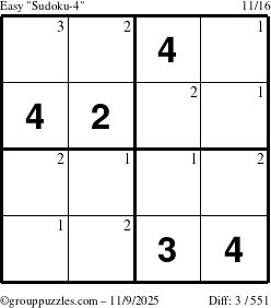 The grouppuzzles.com Easy Sudoku-4 puzzle for Sunday November 9, 2025 with the first 3 steps marked