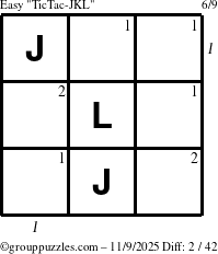 The grouppuzzles.com Easy TicTac-JKL puzzle for Sunday November 9, 2025 with all 2 steps marked