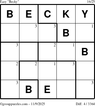 The grouppuzzles.com Easy Becky puzzle for Sunday November 9, 2025 with the first 3 steps marked