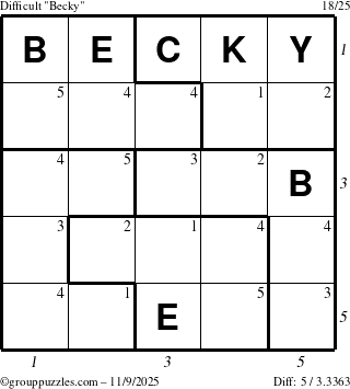 The grouppuzzles.com Difficult Becky puzzle for Sunday November 9, 2025, suitable for printing, with all 5 steps marked