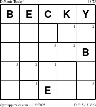 The grouppuzzles.com Difficult Becky puzzle for Sunday November 9, 2025 with the first 3 steps marked