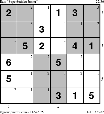The grouppuzzles.com Easy SuperSudoku-Junior puzzle for Sunday November 9, 2025 with all 3 steps marked