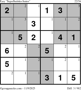 The grouppuzzles.com Easy SuperSudoku-Junior puzzle for Sunday November 9, 2025 with the first 3 steps marked