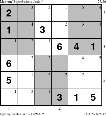The grouppuzzles.com Medium SuperSudoku-Junior puzzle for Sunday November 9, 2025 with all 5 steps marked