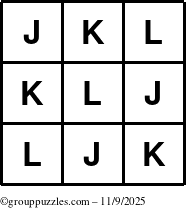 The grouppuzzles.com Answer grid for the TicTac-JKL puzzle for Sunday November 9, 2025