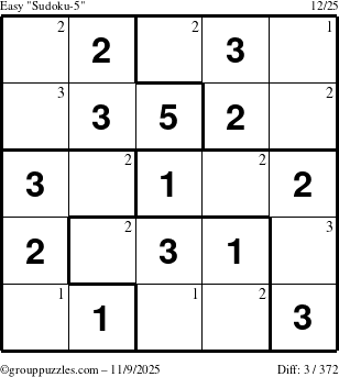 The grouppuzzles.com Easy Sudoku-5 puzzle for Sunday November 9, 2025 with the first 3 steps marked