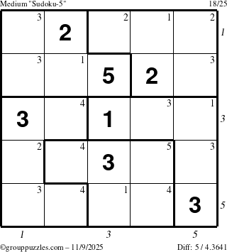 The grouppuzzles.com Medium Sudoku-5 puzzle for Sunday November 9, 2025, suitable for printing, with all 5 steps marked