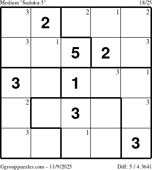 The grouppuzzles.com Medium Sudoku-5 puzzle for Sunday November 9, 2025 with the first 3 steps marked