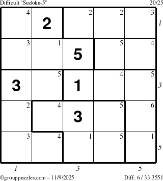 The grouppuzzles.com Difficult Sudoku-5 puzzle for Sunday November 9, 2025 with all 6 steps marked