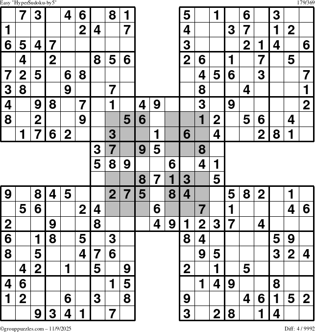 The grouppuzzles.com Easy HyperSudoku-by5 puzzle for Sunday November 9, 2025