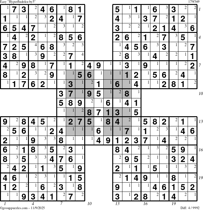 The grouppuzzles.com Easy HyperSudoku-by5 puzzle for Sunday November 9, 2025, suitable for printing, with all 4 steps marked