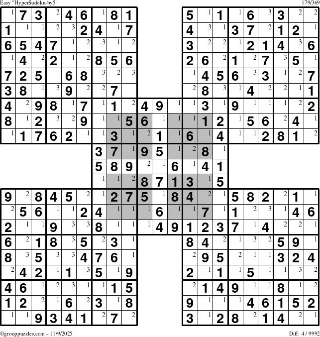 The grouppuzzles.com Easy HyperSudoku-by5 puzzle for Sunday November 9, 2025 with the first 3 steps marked